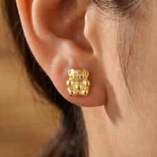 14K Solid Yellow Gold Teddy Bear Stud Earrings Stamped Cute Kids Gift Jewelry