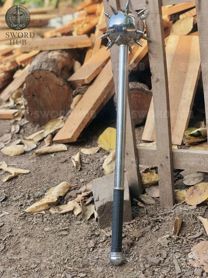 Maza bola medieval hecha a mano con púas plateada con estrella mortal de la mañana plateada Foto 4 de 4