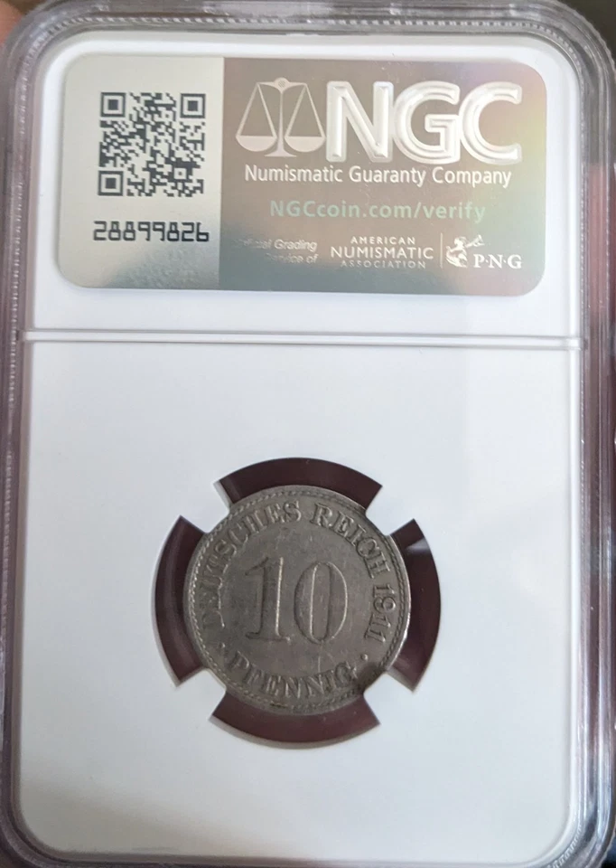 1890–1916 Germany 10 Pfennig WWI Wilhelm II – NGC Genuine Slabbed WWI - 1911 A - Image 2 of 2