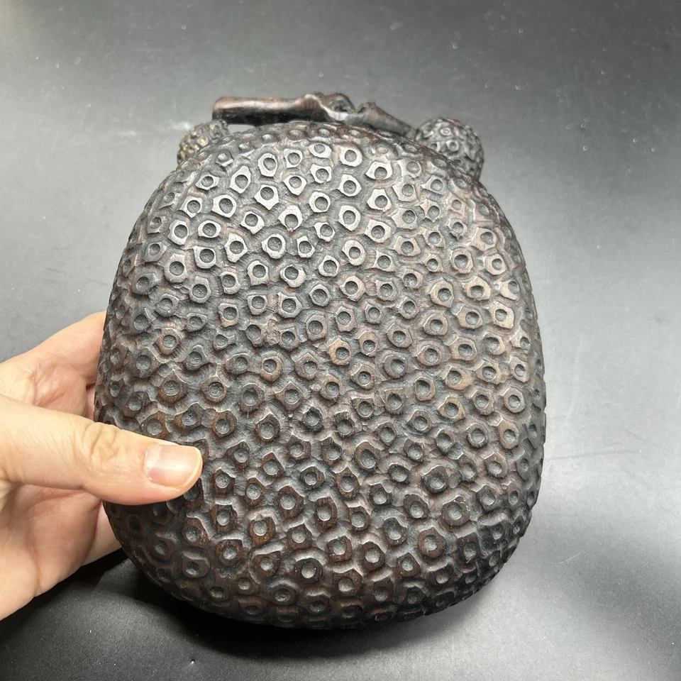 Pedra de moagem de tinta Duan chinesa com romã esculpida caixa de madeira assinada SanDuoXuan - Imagem 4 de 4