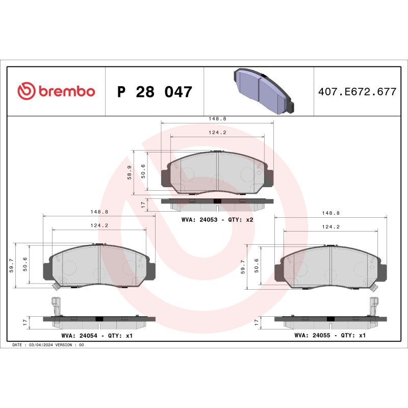 BREMBO P 28 047 Brake Pads Set Front for Accord FR-V Civic Stream