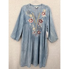 Coldwater Creek Paradise Valley Dress Womens XL Blue Floral Embroidered Tencel