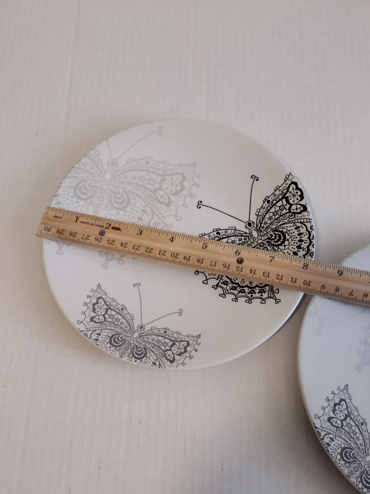 Plato de almuerzo para ensalada Roscher BUTTERFLY LACE 8" blanco negro gris 2 platos de gres Foto 4 de 4