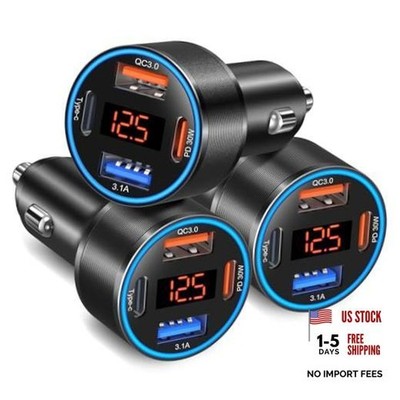 Paquete de 3 cargadores USB C para automóvil, 4 puertos 65 W dual 3-Pack Negro