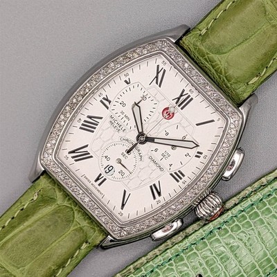 Michele Diamond Bezel Chronograph Watch with Burgundy Leather Strap MWW03M000118 Diamonds Set on White MOP Dial and Steel Case  main image 4