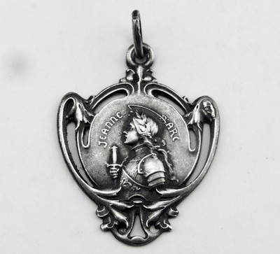 Rare Art Nouveau Antique Joan of Arc Solid Silver Pendant Medal