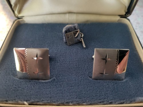 Hadley Sterling Silver Cuff Links and Tie Tack VTG/NEW - ENGRAVED STAR DESIGN! - Picture 2 of 7