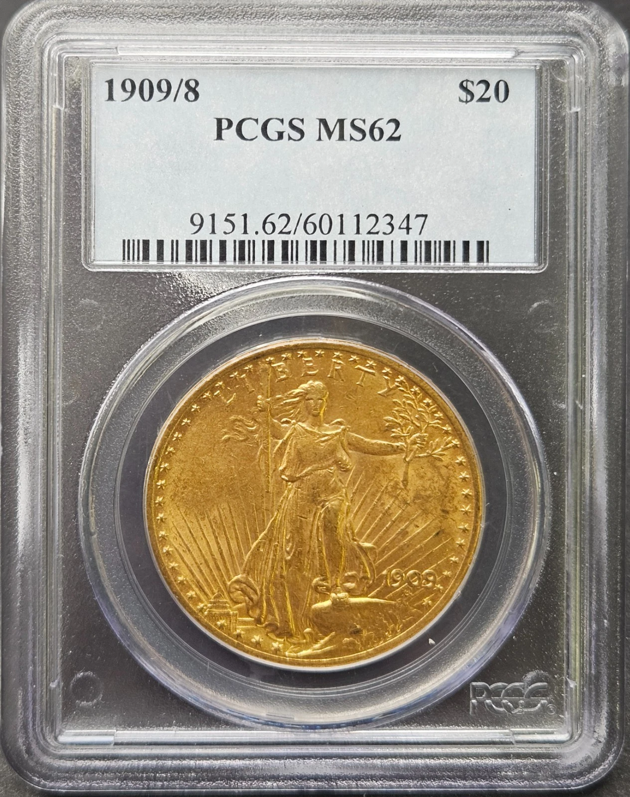 1909/8 $20 Saint-Gaudens Double Eagle, PCGS MS 62, Golden Beauty!