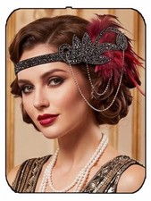1920s Flapper Feather Headband Vintage 20s 1 Count Pack of 1 V-Red 2