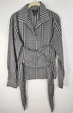 Lafayette 148 Wrap Top Women's 8 Gingham Silk Black White Tie Back Spread Collar
