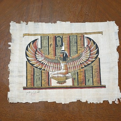 Rare Hand Painted Hieroglyphics Egyptian Papyrus painting -  woman with wings