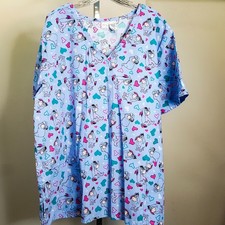 Disney Winnie The Pooh Eeyore Blue w Hearts 3XL V-Neck Scrub Top 2 Pockets