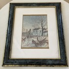 Vintage Framed Winter Farm Painting White Farmhouse Quails in Snow 9.5x11"