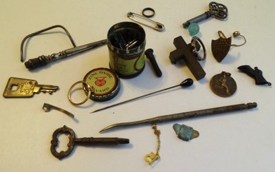 Junk found at estate sale; button hook, Keys, Rings, Shield Pin, Boot Charm, etc