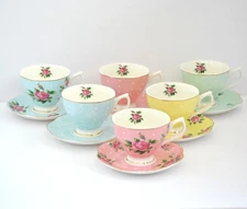 Brew To a Tea Multicolor Cups and Saucers Rose Chintz Set of 6