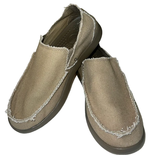 Crocs Santa Cruz Shoes Mens 7 Khaki Canvas Slip On Loafer Boat Beige Tan Casual