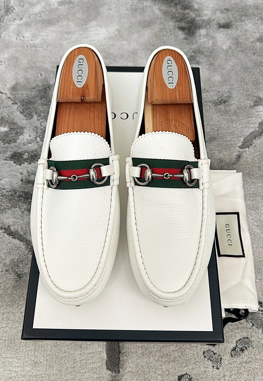 Authentique mocassin homme Gucci Web argent Horsebit cuir blanc US10,5 EU44 UK10