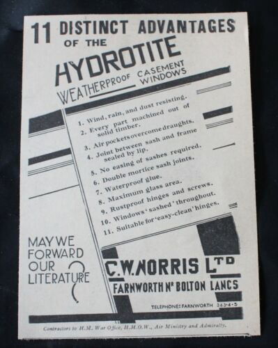 1938 Small Print Advert 'C.W. NORRIS OF FARNWORTH, CASEMENT WINDOWS' 5.5" x 4" - Picture 1 of 2