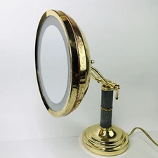 1990s Make Up Vanity Mirror Light Up Magnifying Brass Gold Table Top Stand MCM