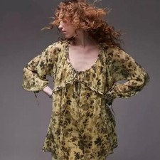 Topshop Floral Print Babydoll Dress Yellow Black Floral Size 8