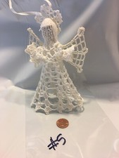 CHRISTMAS TREE ORNAMENT HANDMADE CROCHET LACE OFF WHITE VINTAGE ANGEL HOLIDAY 6"