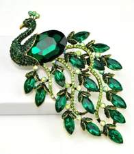 Very Large Peacock brooches green Rhinestone Bird brooch Pin animal lover Gift