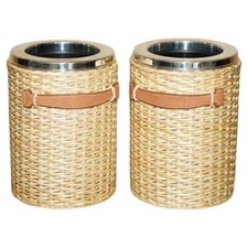 PAIR OF HERMES PARIS KELLY WICKER & BROWN LEATHER PICNIC WINE COOLERS PART SUITE