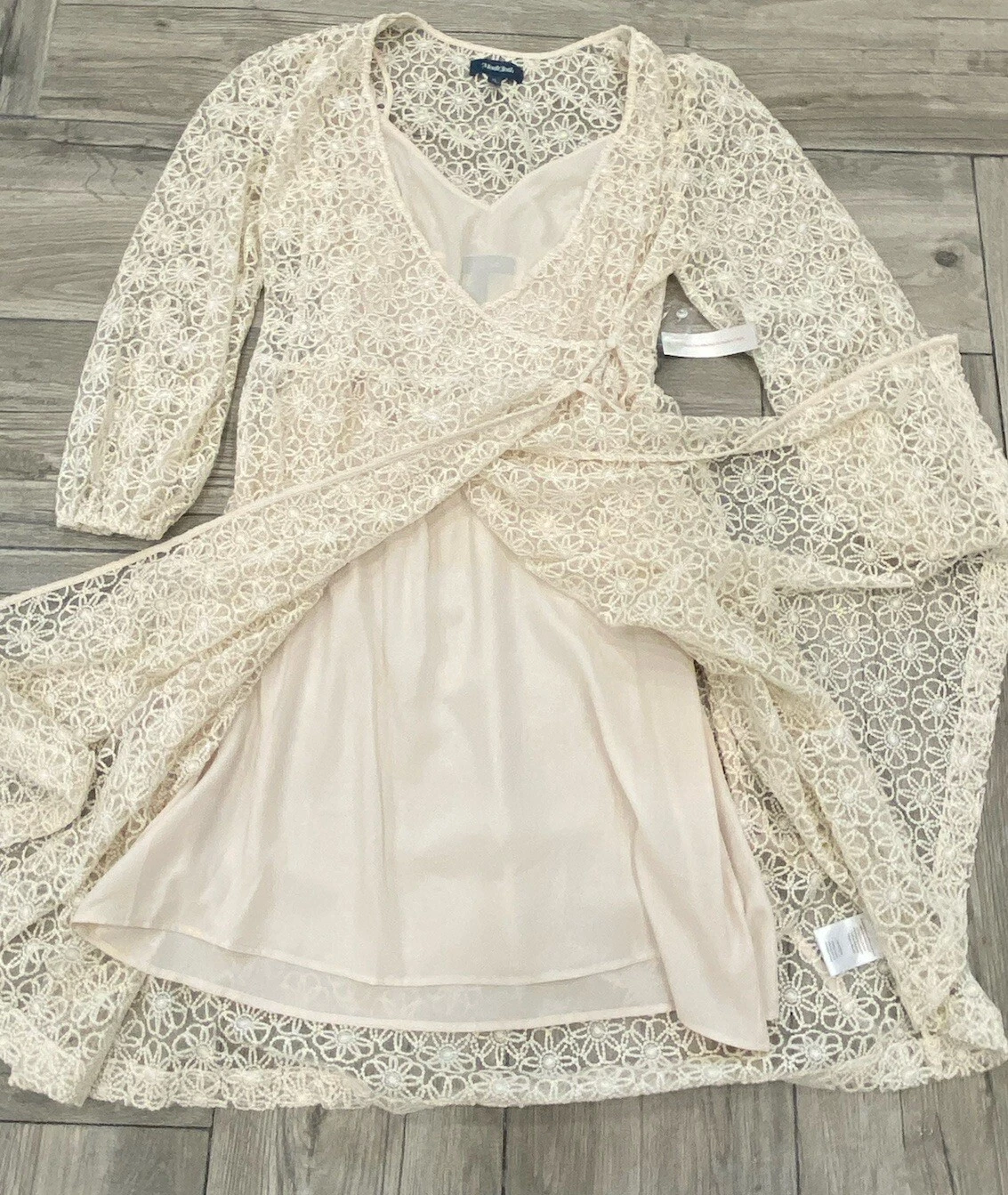 OFF WHITE Abito donna nuovo con etichetta modcloth bianco sporco 2 strati pizzo maniche trasparenti taglia XL