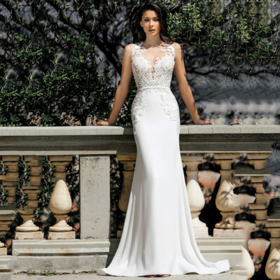 Sexey Mermaid Wedding Dresses V Neck Applique Button Back Sleeveless Bridal  Gown | eBay
