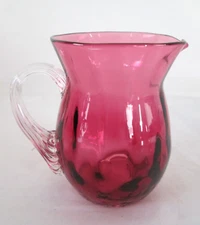 Vintage Pilgrim Glass Cranberry Mini Pitcher/Vase Applied Handle 3.5" Tall