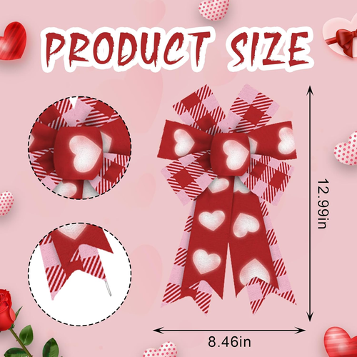 2 Pieces Valentines Bows for Wreath, Valentine'S Day Wreath Bows Red Buffalo Pla - Picture 2 of 12