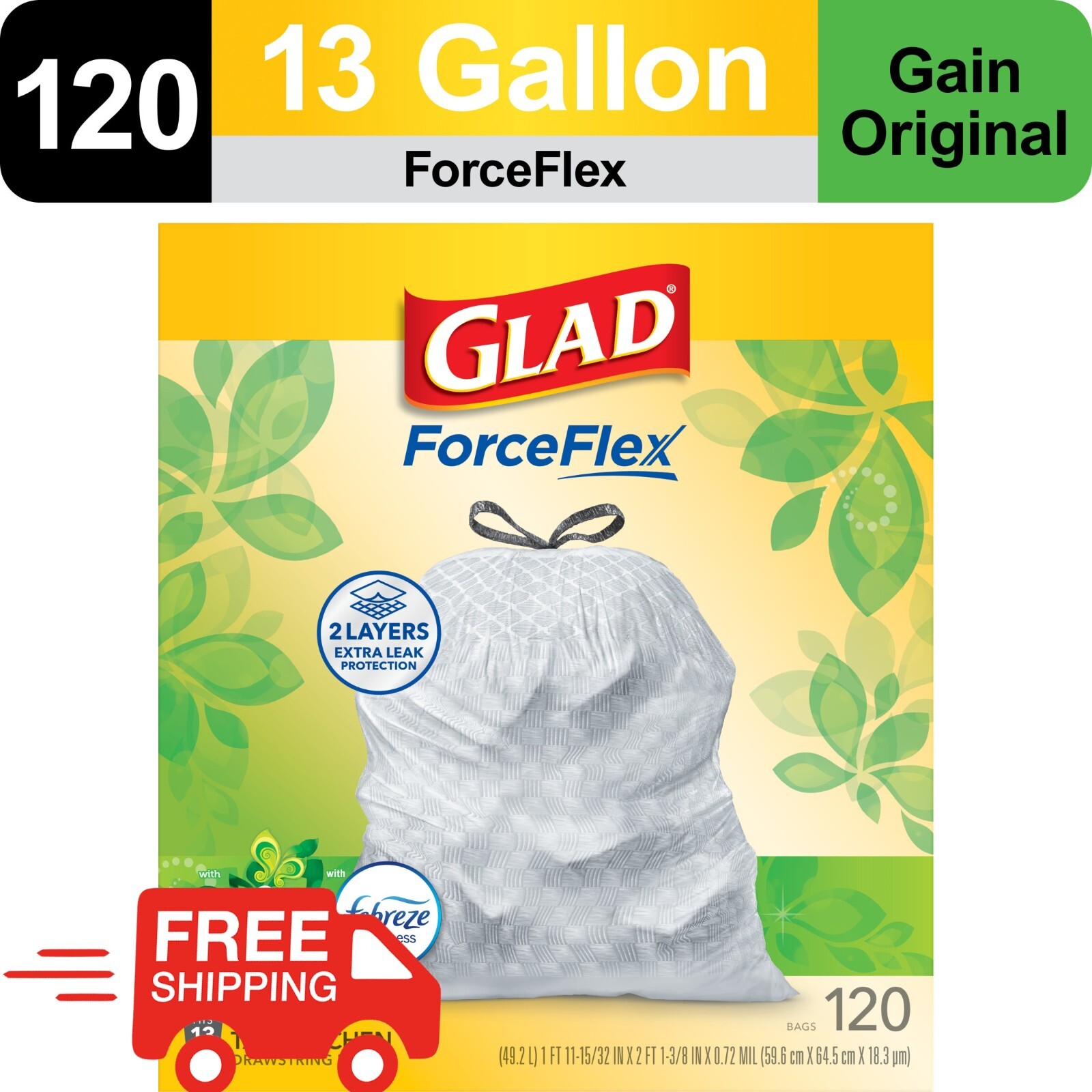 Glad ForceFlex Tall Kitchen Drawstring Trash Bags, 13 Gallon, Gain Original with