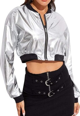 Women's Real Leather Shinny Silver Metallic Long Sleeve Crop