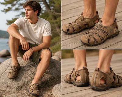 SKETCHERS Men's Leather Trail Adjustable Closed Toe Sandal Brown US 9.5 M
