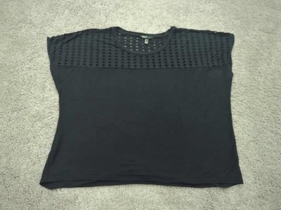 Mango Top Womens Large Black Short Sleeve Perforated Viscose Casual