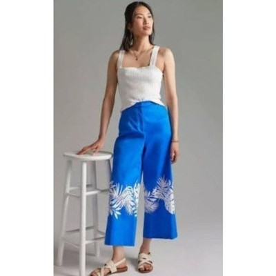 NWT Anthropologie Palm Frond Wide Leg Pants | Blue with White Palm | Size 12 