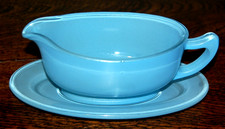 Vintage Pyrex Sprayware Powder Blue Gravy Boat and Stand.