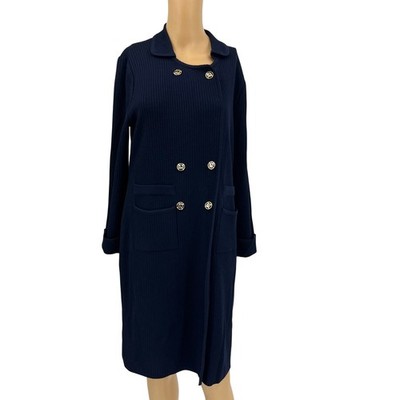 St John Collection Marie Gray Navy Blue Knit Double Breasted Coat Jacket Size 4