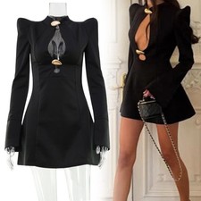 Black Hollow Out Mini A-line Dress Women Sexy Chic Party Club Cocktail Dress
