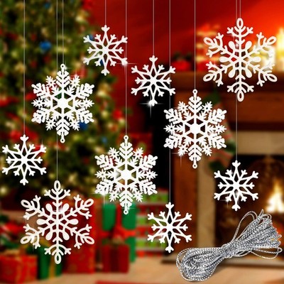 Whaline 40Pcs White Glitter Snowflake Winter Ornaments 