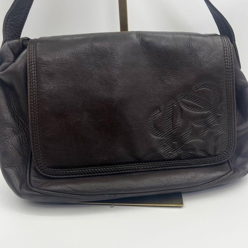 LOEWE Shoulder Bag Anagram Embossed Leather Dark Brown Vintage Auth From Japan