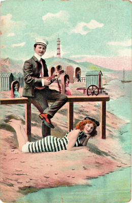 Lovers At The Beach Girl in Swimsuit Postcard 1900s Seaside Man Playing Mandolin