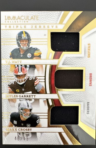 T.J. Watt / Maxx Crosby / Myles Garrett #9 2025 Panini Immaculate Triple Jersey card