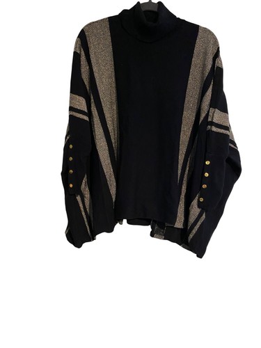 Alfani PXL Black & Metallic Pullover Sweater Top Gold Button Accents Boxy Chic