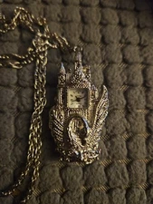 Vintage Xanadu Watch Pendant Jewelry Castle Swan Necklace Silver Tone 28" Chain