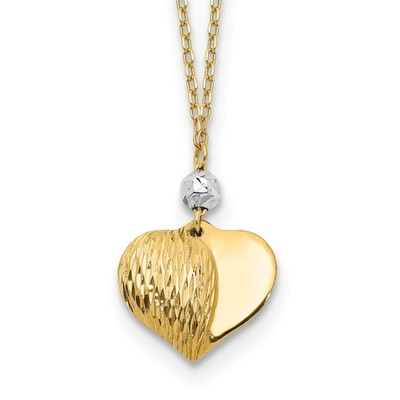 14K zweifarbig Gold poliert Diamantschliff gepufftes Herz & Perlen Anhänger Halskette 16''
