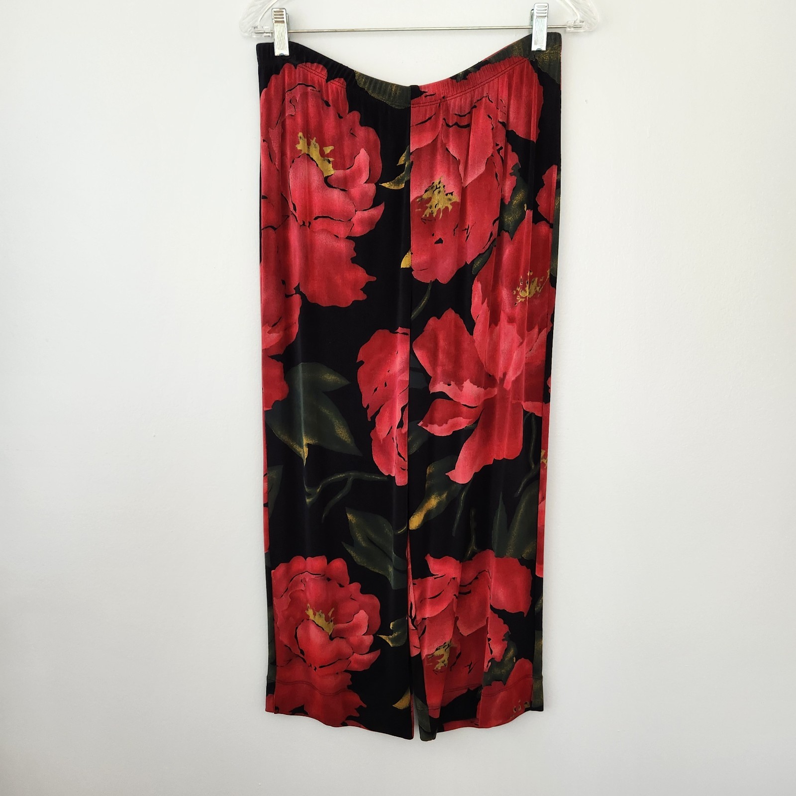 Chicos Private Edition Pants 2 Red Floral Slinky Knit Elastic Waist Holiday Chic