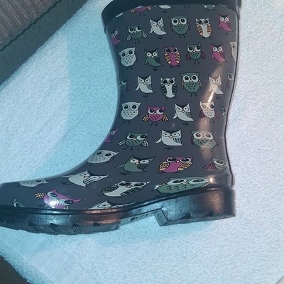 Capelli New York Adult Rain Boots Owl Print Mid-Calf Gray Pink Bow Buckle Size 8