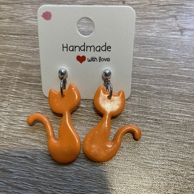Handgefertigte Ton Katze Ohrringe Ohrhänger orange 