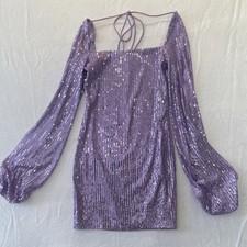 Purple Sequin Balloon Sleeve Mini Dress Square Neck Lined Short Size S